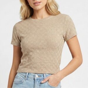 Atelier By Kirious Tan Checkered Knit Short Sleeve Top Size XL Textured Neutral